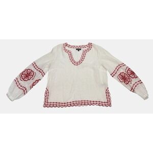 J Crew Medium Gauze Tunic White Red embroidery Women's Long Sleeve Boho Sheer